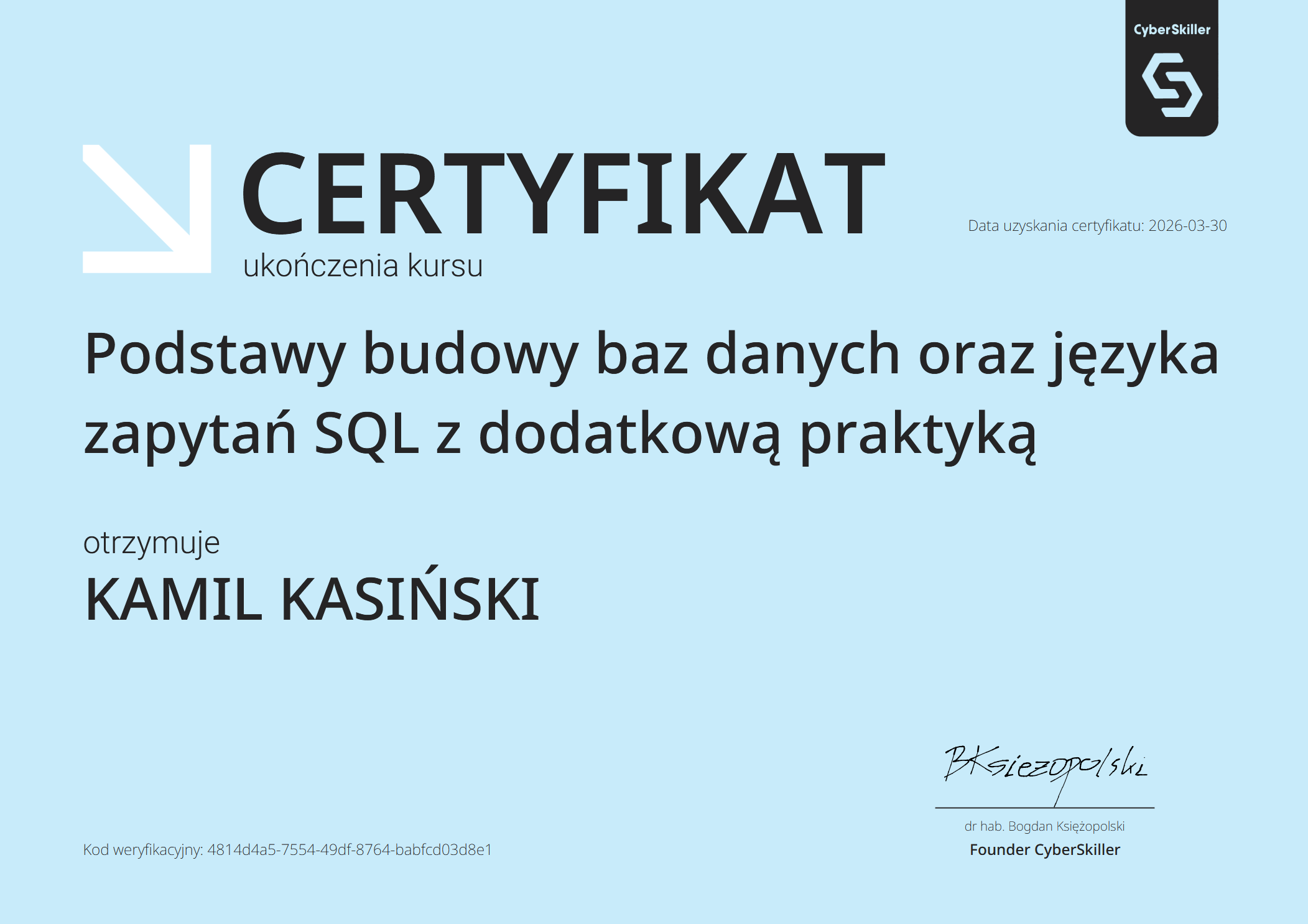 CyberSkiller certyfikat podstaw SQL