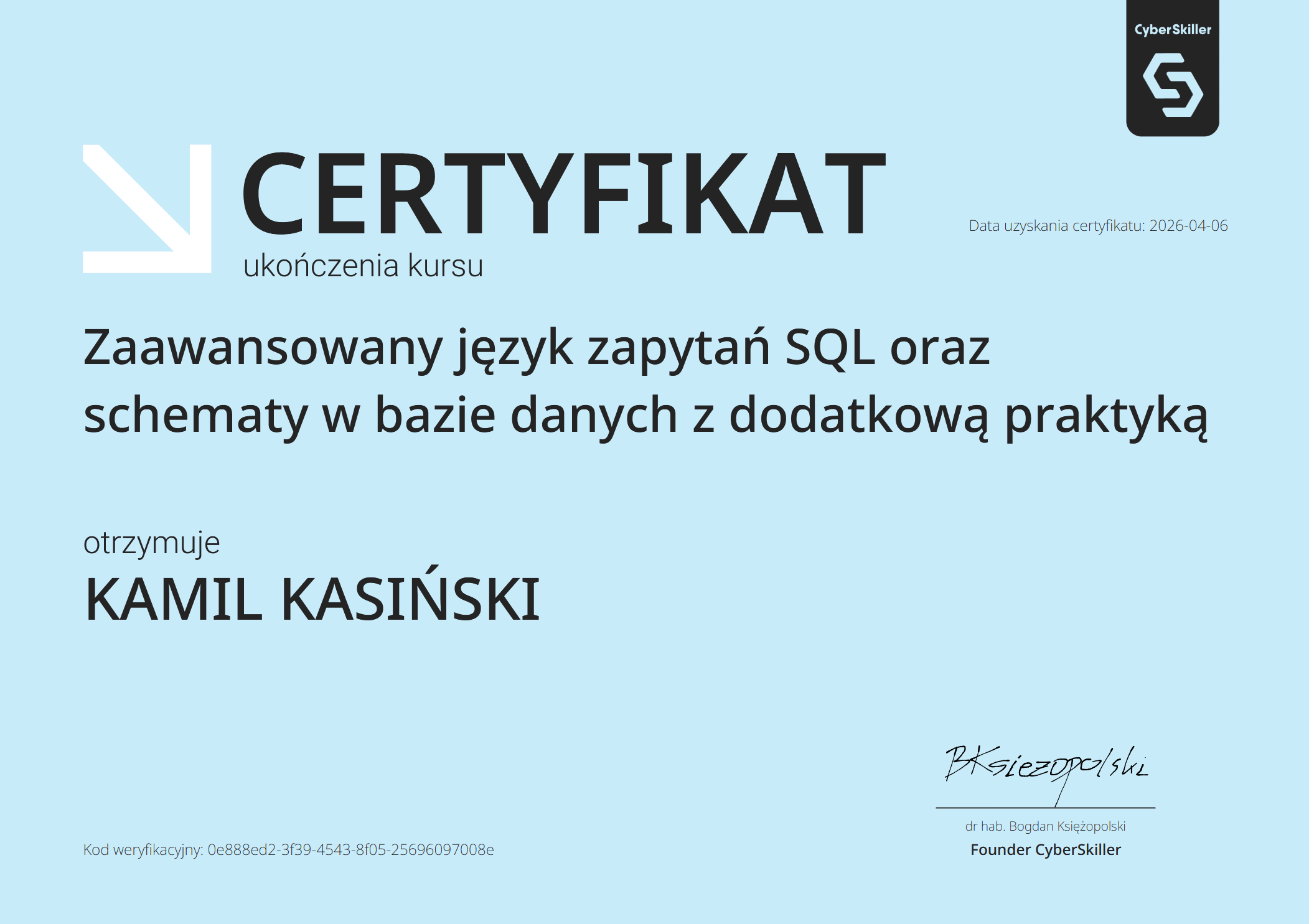 Cyber Skiller Certyfikat Zaawansowany SQL